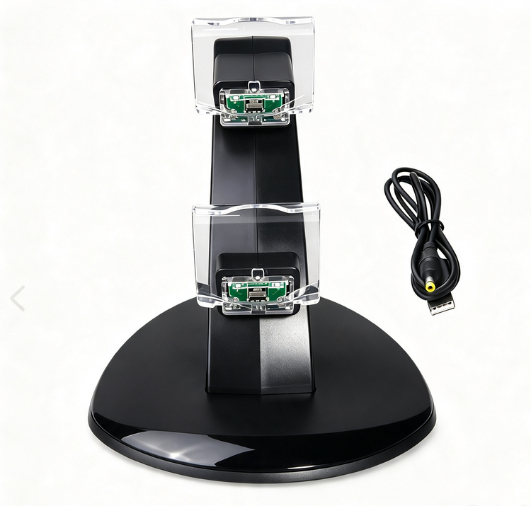 Base de carga dual negra para controles PS4 con cable USB, vista frontal. No incluye controles.