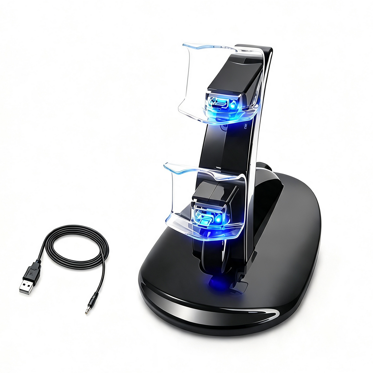Base dual para controles PS4 con iluminación azul y cable USB.