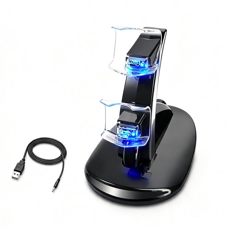Base dual para controles PS4 con iluminación azul y cable USB.